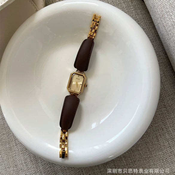 Leather Ladies Square Quartz Watch Bracelet With Elephant Design