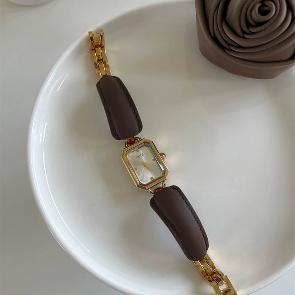 Leather Ladies Square Quartz Watch Bracelet With Elephant Design