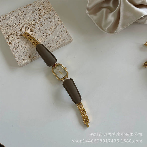 Leather Ladies Square Quartz Watch Bracelet With Elephant Design