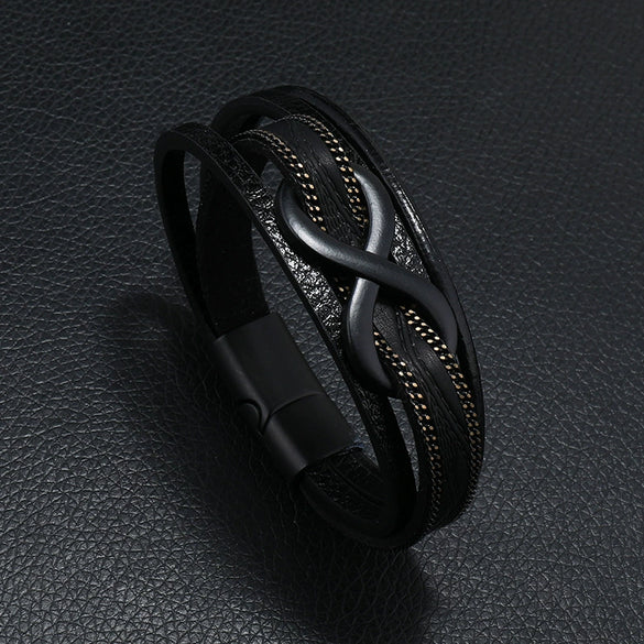 Leather Men's Retro Handmade Multilayer Braided Magnetic Buckle Bracelet With Letters Numbers Text Design
