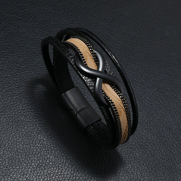 Leather Men's Retro Handmade Multilayer Braided Magnetic Buckle Bracelet With Letters Numbers Text Design