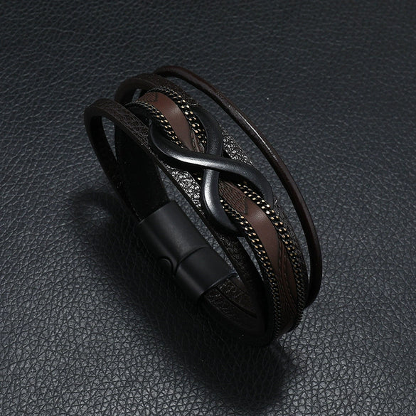 Leather Men's Retro Handmade Multilayer Braided Magnetic Buckle Bracelet With Letters Numbers Text Design