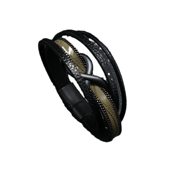 Leather Men's Retro Handmade Multilayer Braided Magnetic Buckle Bracelet With Letters Numbers Text Design