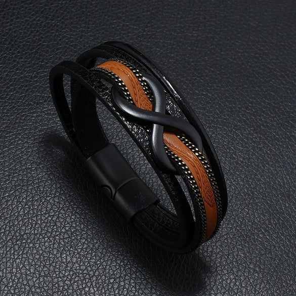 Leather Men's Retro Handmade Multilayer Braided Magnetic Buckle Bracelet With Letters Numbers Text Design