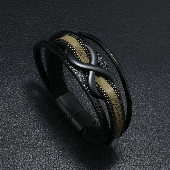 Leather Men's Retro Handmade Multilayer Braided Magnetic Buckle Bracelet With Letters Numbers Text Design