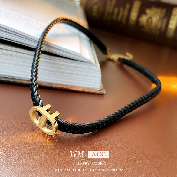 Leather Neck Chain With Titanium Steel Letter D Pendant Electroplated Women's Creative Design