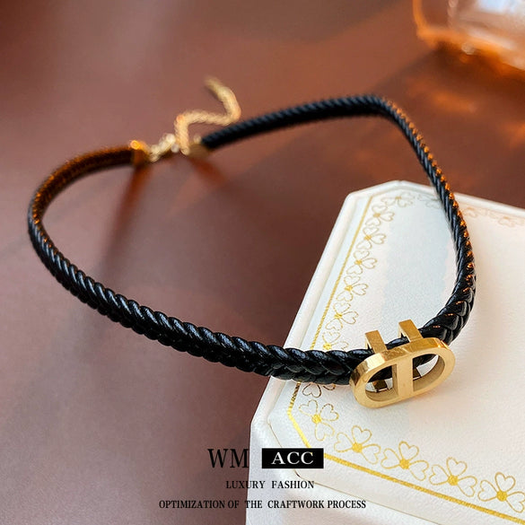 Leather Neck Chain With Titanium Steel Letter D Pendant Electroplated Women's Creative Design