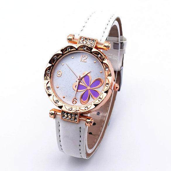 Leather Quartz Watch Set With Alloy Case Imitation Leather Strap Round Dial Starry Sky Pattern For Women
