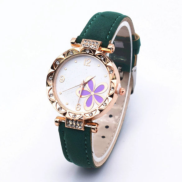 Leather Quartz Watch Set With Alloy Case Imitation Leather Strap Round Dial Starry Sky Pattern For Women