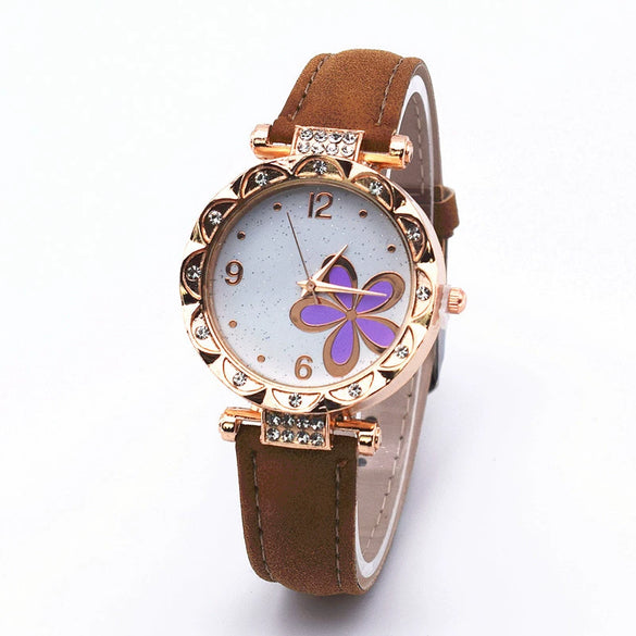 Leather Quartz Watch Set With Alloy Case Imitation Leather Strap Round Dial Starry Sky Pattern For Women