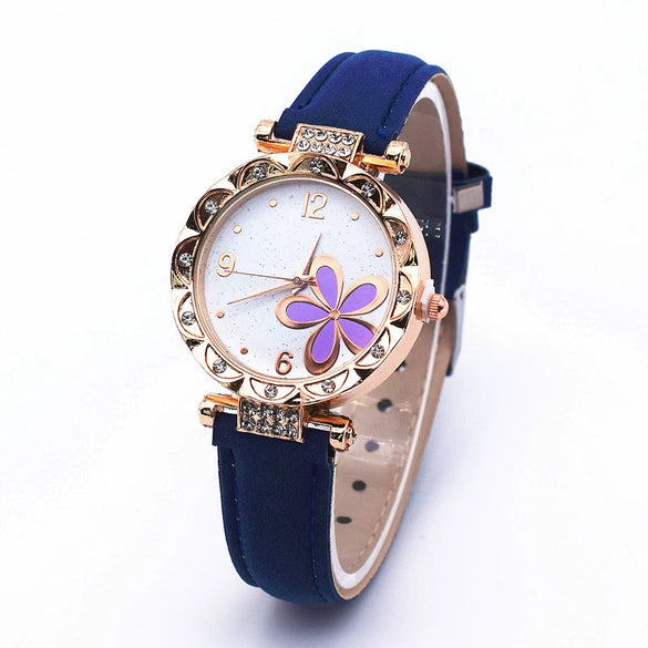Leather Quartz Watch Set With Alloy Case Imitation Leather Strap Round Dial Starry Sky Pattern For Women
