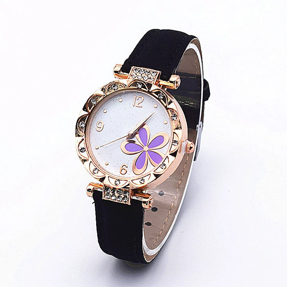 Leather Quartz Watch Set With Alloy Case Imitation Leather Strap Round Dial Starry Sky Pattern For Women