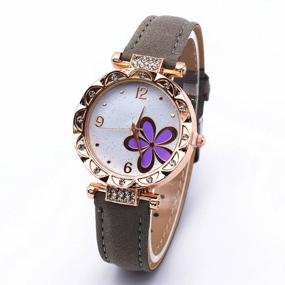 Leather Quartz Watch Set With Alloy Case Imitation Leather Strap Round Dial Starry Sky Pattern For Women
