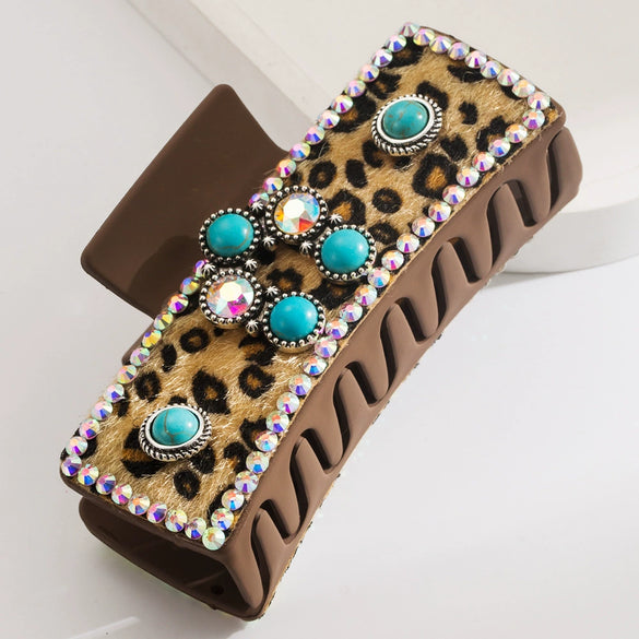 Leather Rhinestone Diamondencrusted Rectangle Hair Clip For Women Retro Simple Geometric Style