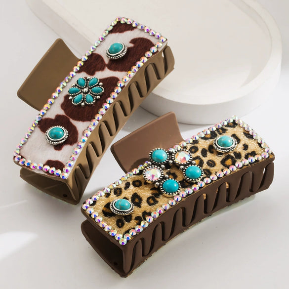 Leather Rhinestone Diamondencrusted Rectangle Hair Clip For Women Retro Simple Geometric Style