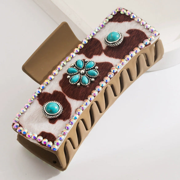 Leather Rhinestone Diamondencrusted Rectangle Hair Clip For Women Retro Simple Geometric Style