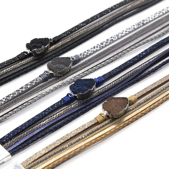 Leather Stainless Steel Geometric Shapes Woven Bracelet Jewelry With Electroplating Treatment