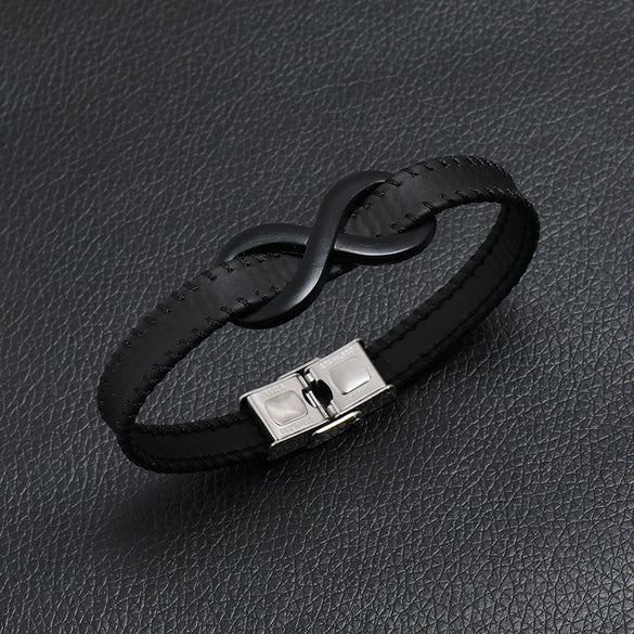 Leather Stainless Steel Hand Knitted Hiphop Infinite Symbol Men's Bracelet Jewelry