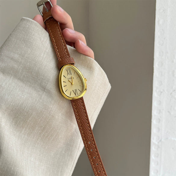 Leather Strap Women Quartz Watch Alloy Case Rose Gold Buckle Round Dial Leisure Style