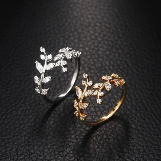 Leaves Ring Copper Inlaid Zircon Unisex Cool Style Hand Ornament