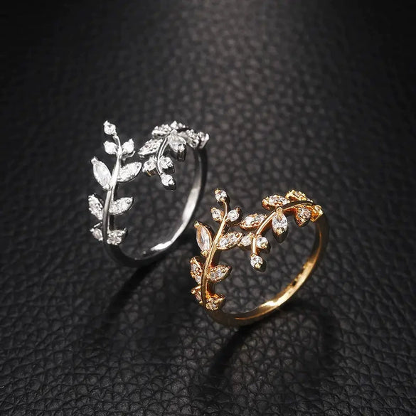 Leaves Ring Copper Inlaid Zircon Unisex Cool Style Hand Ornament