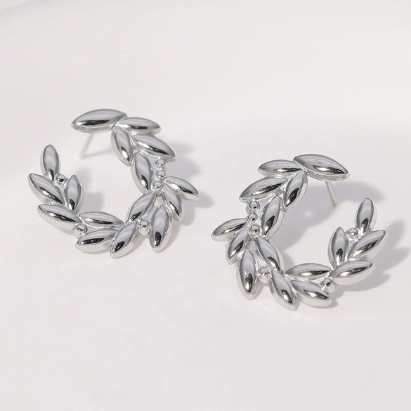 Leaves Stainless Steel Ear Studs For Women With Electroplating Treatment Simple Style