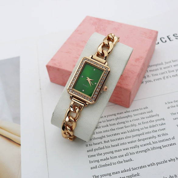 Leisure Alloy And Stainless Steel Rectangular Diamondencrusted Women's Watch Bracelet