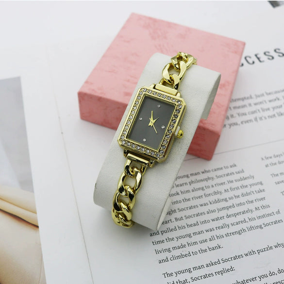 Leisure Alloy And Stainless Steel Rectangular Diamondencrusted Women's Watch Bracelet