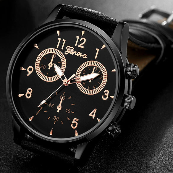 Leisure Alloy Case Stainless Steel Clasp Imitation Leather Strap Round Dial Pu Belt Quartz Watch With Printed Logo And Luminous Exquisite Dial For Men