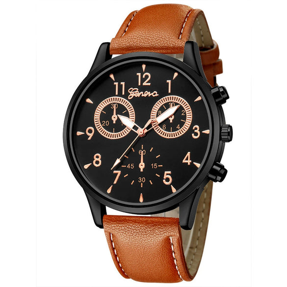 Leisure Alloy Case Stainless Steel Clasp Imitation Leather Strap Round Dial Pu Belt Quartz Watch With Printed Logo And Luminous Exquisite Dial For Men