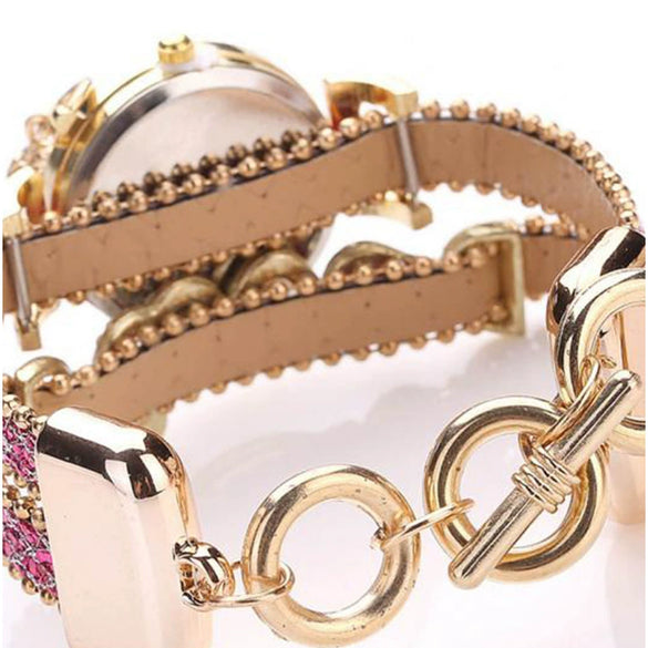 Leisure Alloy Pu Stainless Steel Round Dial Women's Bracelet Quartz Watch