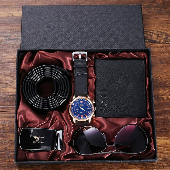 Leisure Business Men's Alloy Pu Watch Belt Wallet Set With Round Dial And Spiral Crown