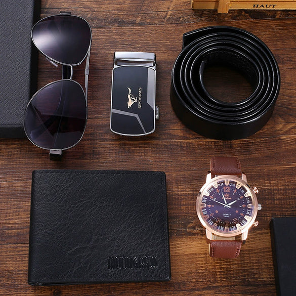 Leisure Business Men's Alloy Pu Watch Belt Wallet Set With Round Dial And Spiral Crown