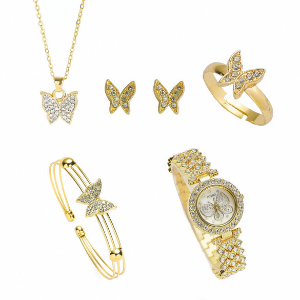 Leisure Butterfly Ladies Quartz Watch Set With Alloy Case Stainless Steel Clasp And Round Dial