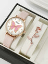 Leisure Butterfly Round Student Watch With Imitation Leather Strap And Stainless Steel Buckle