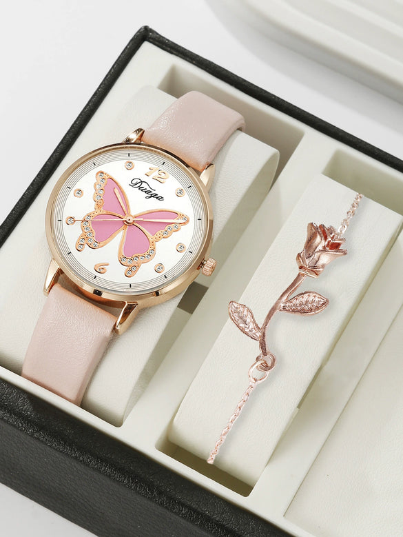 Leisure Butterfly Round Student Watch With Imitation Leather Strap And Stainless Steel Buckle