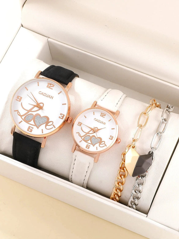 Leisure Couple Watch And Love Bracelet Set Alloy Case Stainless Steel Strap Round Dial