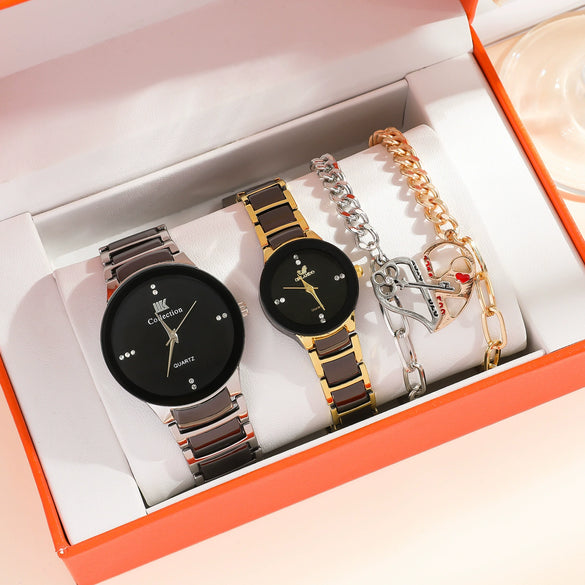 Leisure Couple Watch And Love Bracelet Set Alloy Case Stainless Steel Strap Round Dial