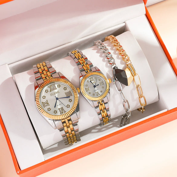 Leisure Couple Watch And Love Bracelet Set Alloy Case Stainless Steel Strap Round Dial