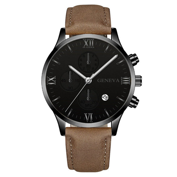 Leisure Fashion Calendar Roman Pattern Alloy Case Imitation Leather Strap Men's Watch