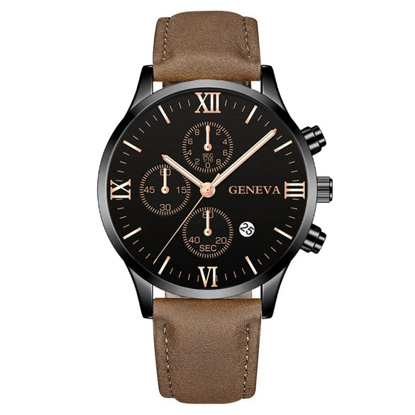 Leisure Fashion Calendar Roman Pattern Alloy Case Imitation Leather Strap Men's Watch