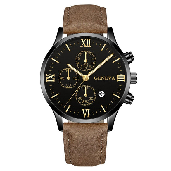 Leisure Fashion Calendar Roman Pattern Alloy Case Imitation Leather Strap Men's Watch