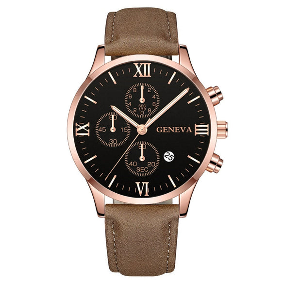 Leisure Fashion Calendar Roman Pattern Alloy Case Imitation Leather Strap Men's Watch