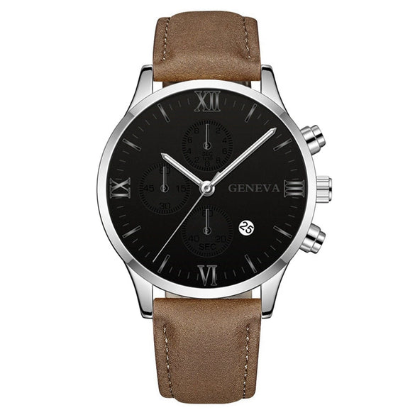 Leisure Fashion Calendar Roman Pattern Alloy Case Imitation Leather Strap Men's Watch