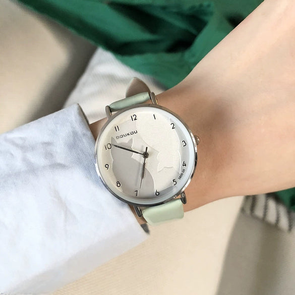 Leisure Fashion Round Alloy Case Female Watch With Cute Cat Pattern