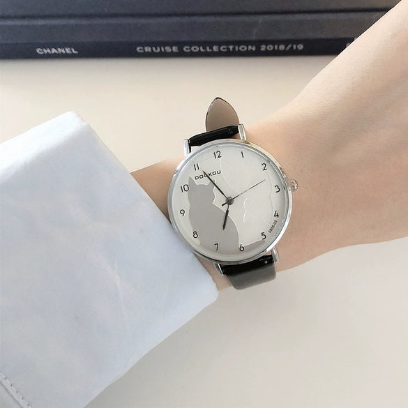 Leisure Fashion Round Alloy Case Female Watch With Cute Cat Pattern
