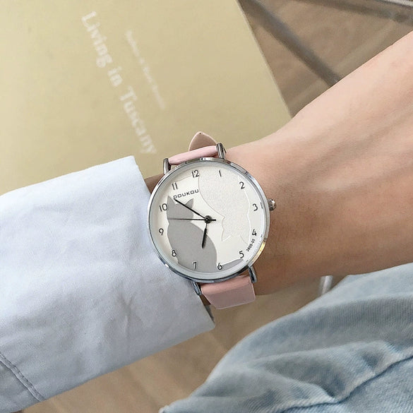 Leisure Fashion Round Alloy Case Female Watch With Cute Cat Pattern