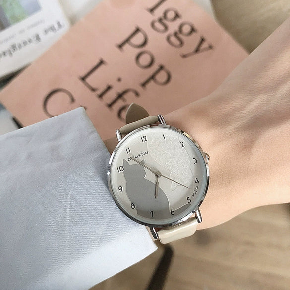 Leisure Fashion Round Alloy Case Female Watch With Cute Cat Pattern