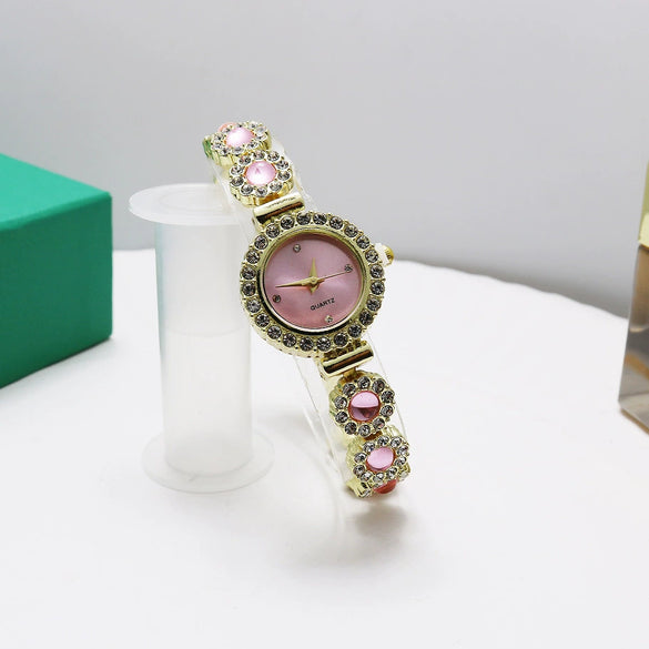 Leisure Fashion Women's Watch Alloy Case Stainless Steel Strap Mineral Strengthened Mirror Round Dial Chalcedony Bracelet Quartz Watch
