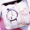 Leisure Female Alloy Ordinary Glass Mirror Pin Buckle Imitation Leather Quartz Watch With Round Dial And Kitten Ears Flower Design